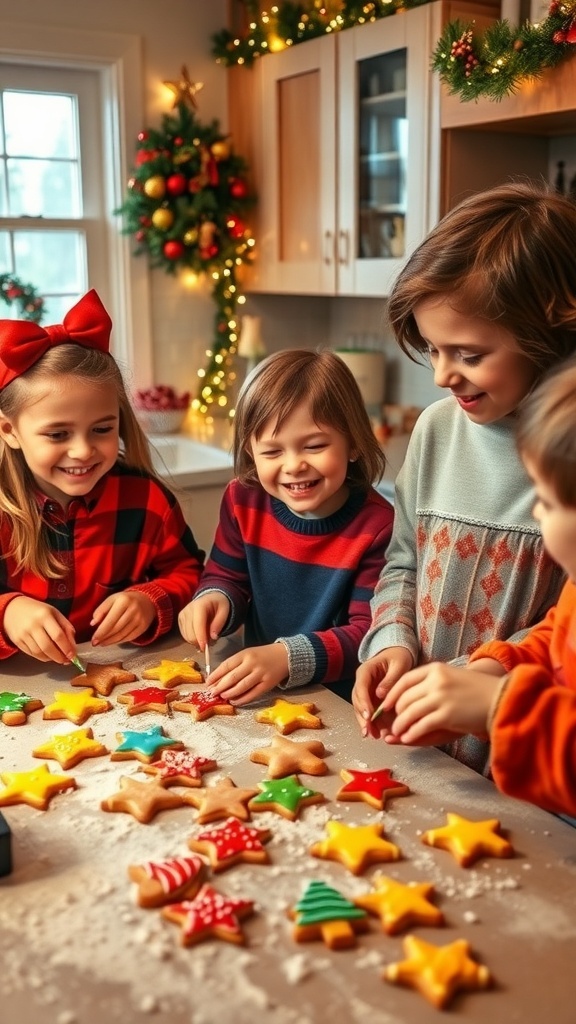 Kids baking Christmas cookies, decorating with icing and sprinkles in a festive kitchen.